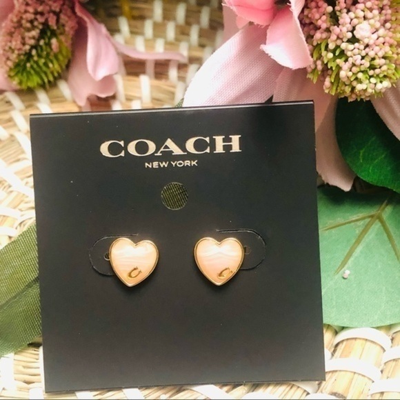 Coach Heart Logo Stud Earrings Pink Enamel Gold Tone NWT - Picture 8 of 8